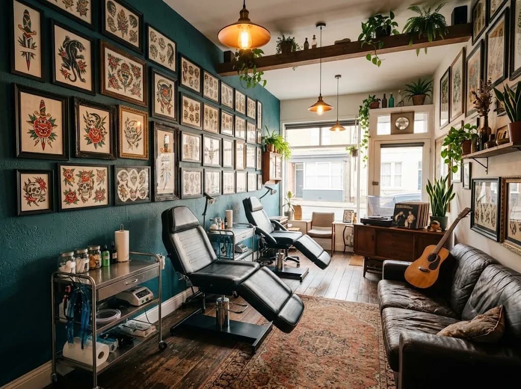 Interior de uma loja de tatuagens com uma cadeira, flash emoldurado nas paredes e candeeiros de luz quente