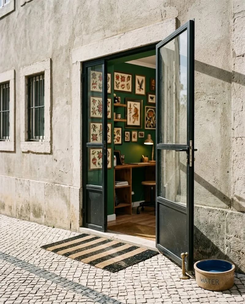 Porta de vidro aberta de uma loja de rua, vista do passeio num dia de sol