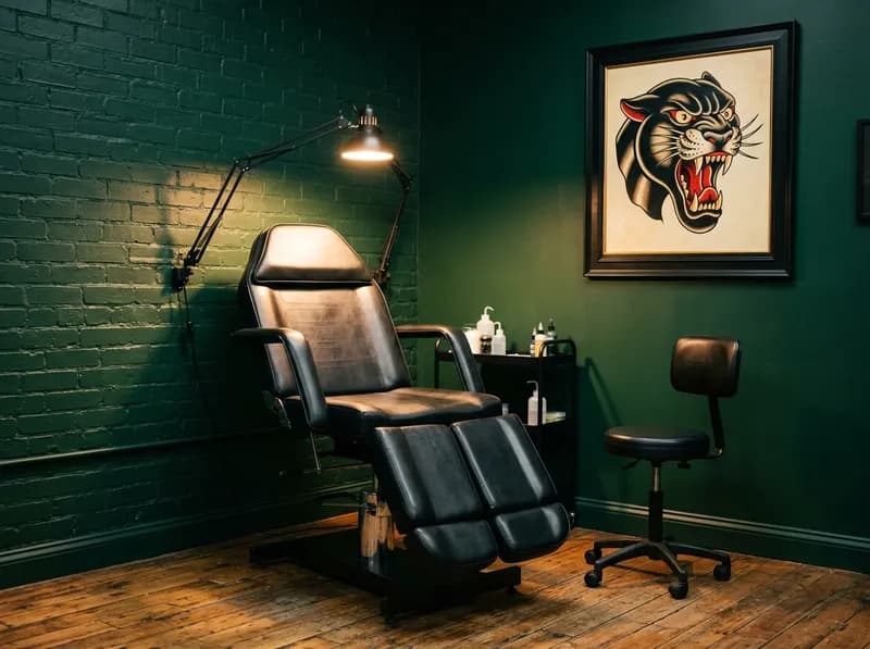 Cadeira de tatuagem preta debaixo de um candeeiro articulado