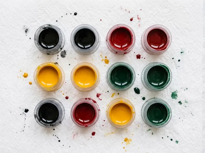 Copinhos de tinta vermelha, verde, amarela e preta