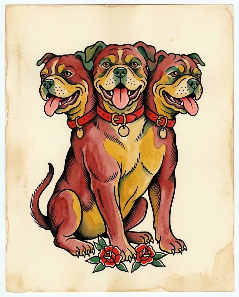 Flash tradicional pintado à mão de um cão simpático de três cabeças em papel envelhecido