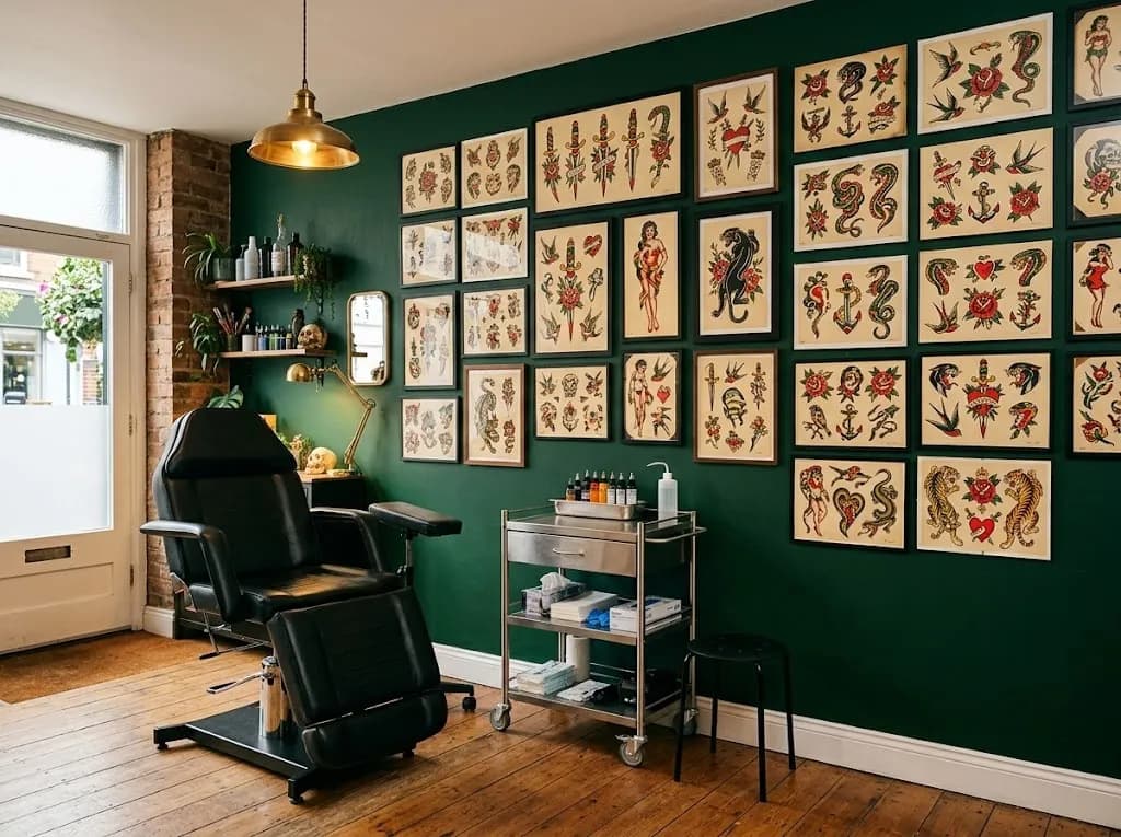 Parede de uma loja de tatuagens coberta de folhas de flash emolduradas, por cima de uma cadeira preta