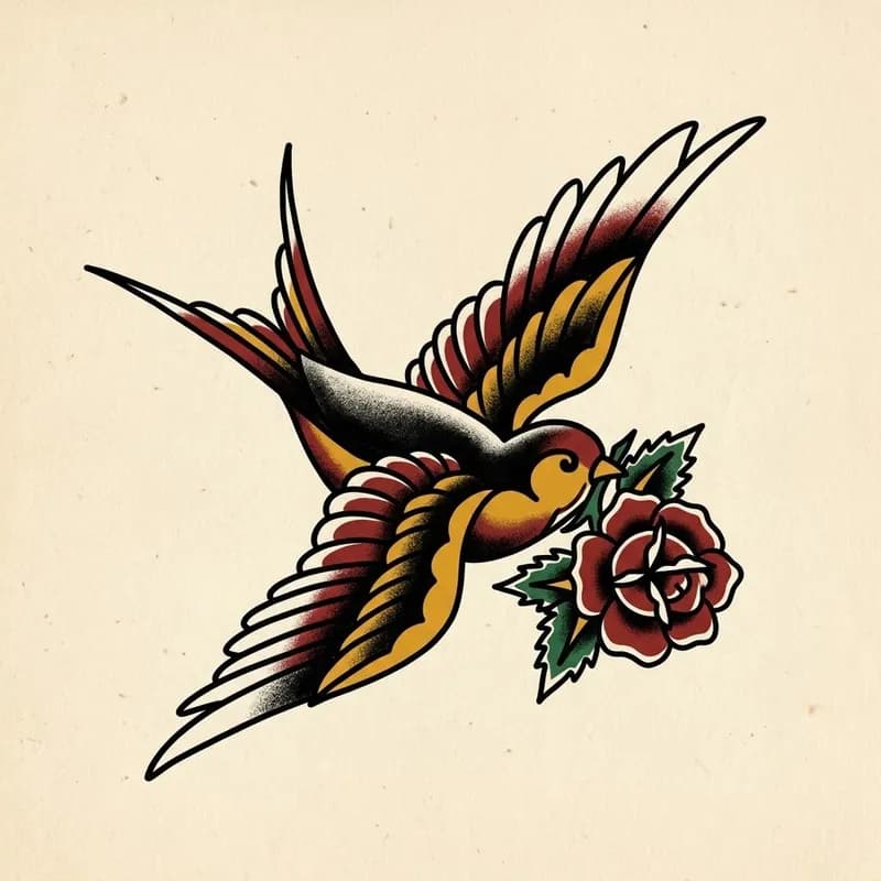 Desenho de flash tradicional de uma andorinha com uma rosa, pintado em papel