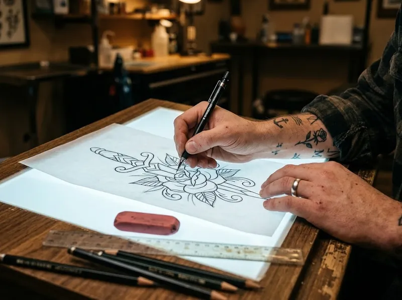 Mão a desenhar uma tatuagem a lápis em papel vegetal sobre uma mesa de luz