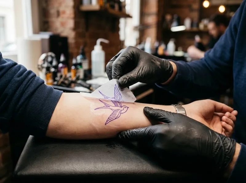 Decalque roxo a ser aplicado num antebraço por mãos com luvas