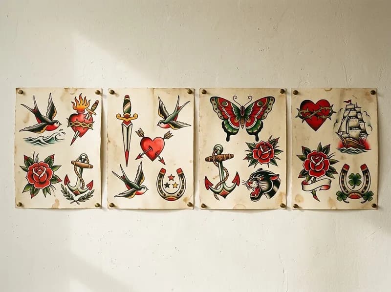 Folhas de flash tradicional pintadas, pregadas lado a lado numa parede