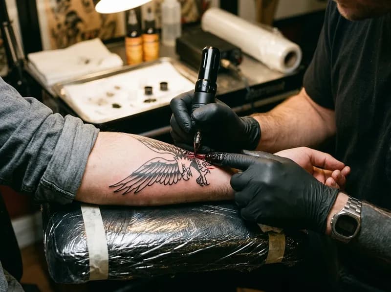 Tatuador de luvas pretas a trabalhar no antebraço de um cliente com uma máquina de tatuar