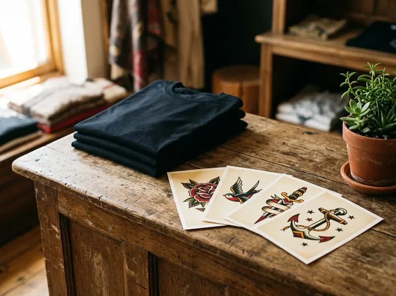 T-shirts pretas dobradas e prints num balcão de madeira